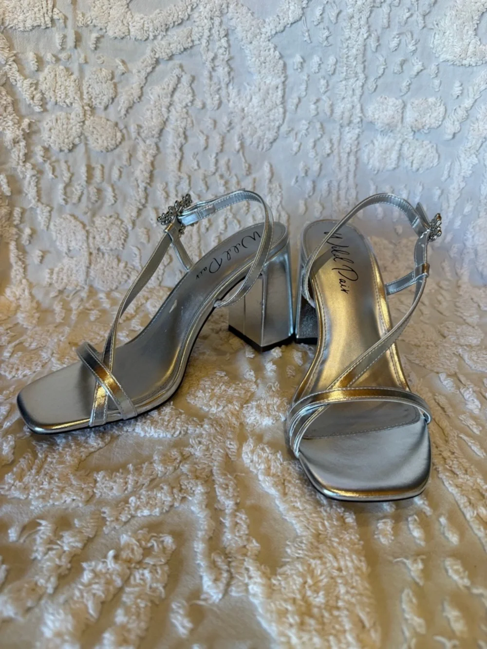 Wild Pair Silver Strappy Mid Block Heel Sandals #602
